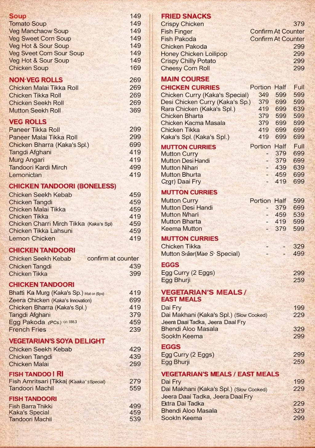 Kake Da Hotel Menu Page 1